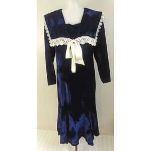 Vtg Gunne Sax Blue Velvet Dress Drop Waist Sailor Collar Lace Edwardian 4 6 USA